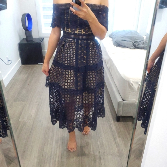 Dresses & Skirts - Off-Shoulder Navy Lace Midi Dress